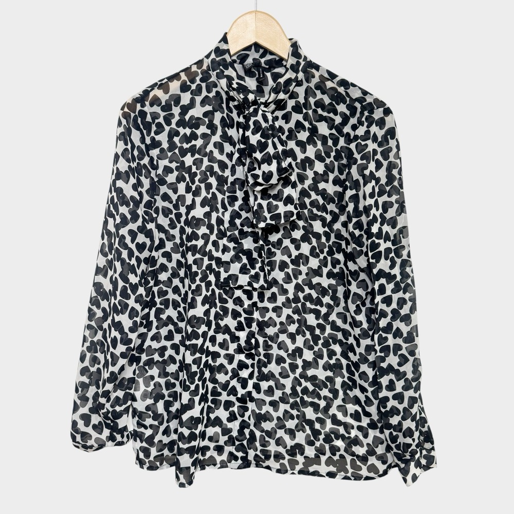 Mango Black & White Heart Print Blouse Long Sleeve Bow Tie Neck Shirt Size 10